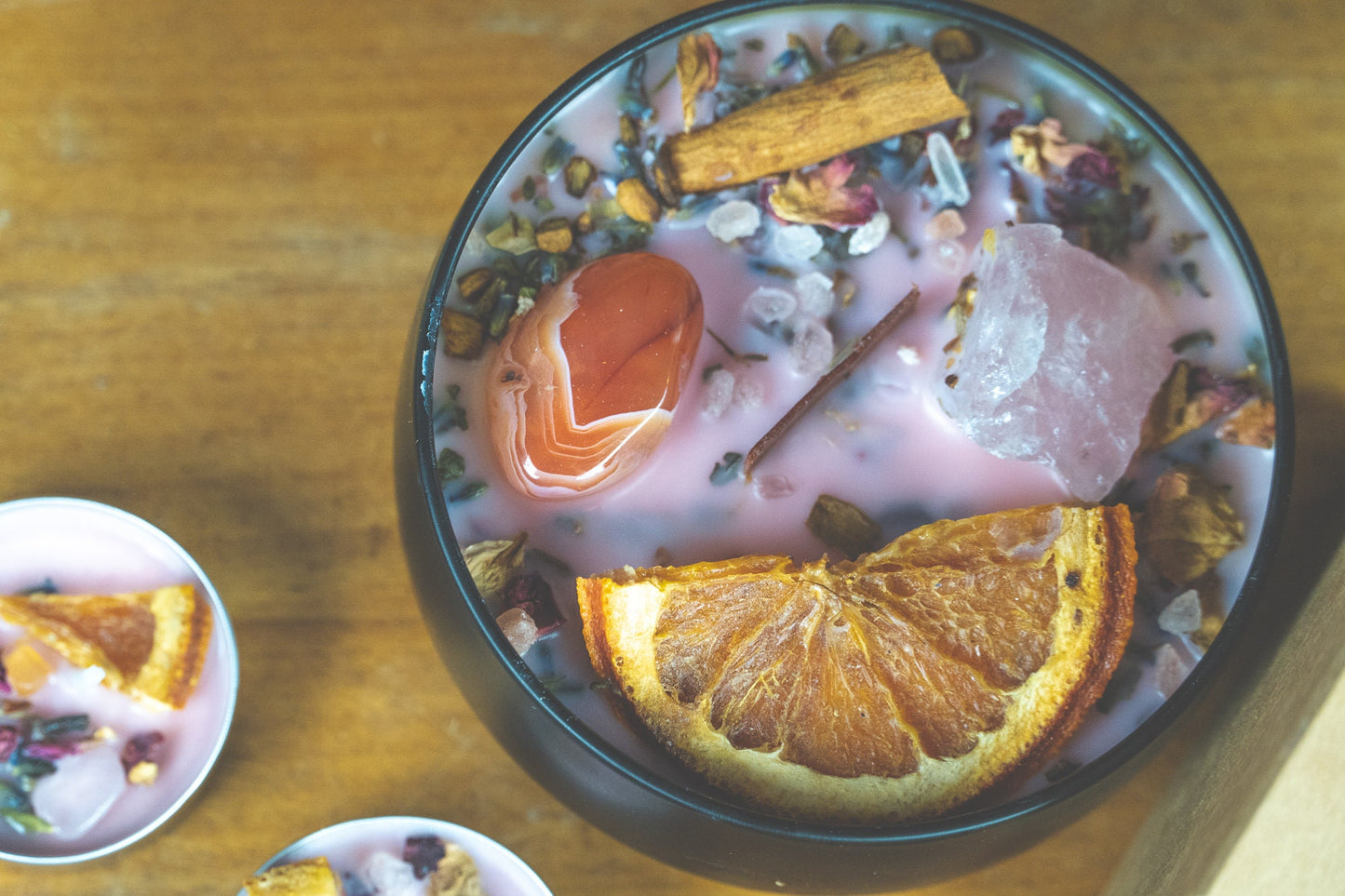 Love Ritual Crystal Candle with Rose Quartz, Lavender, and Sandalwood for Intention Setting & Manifestation