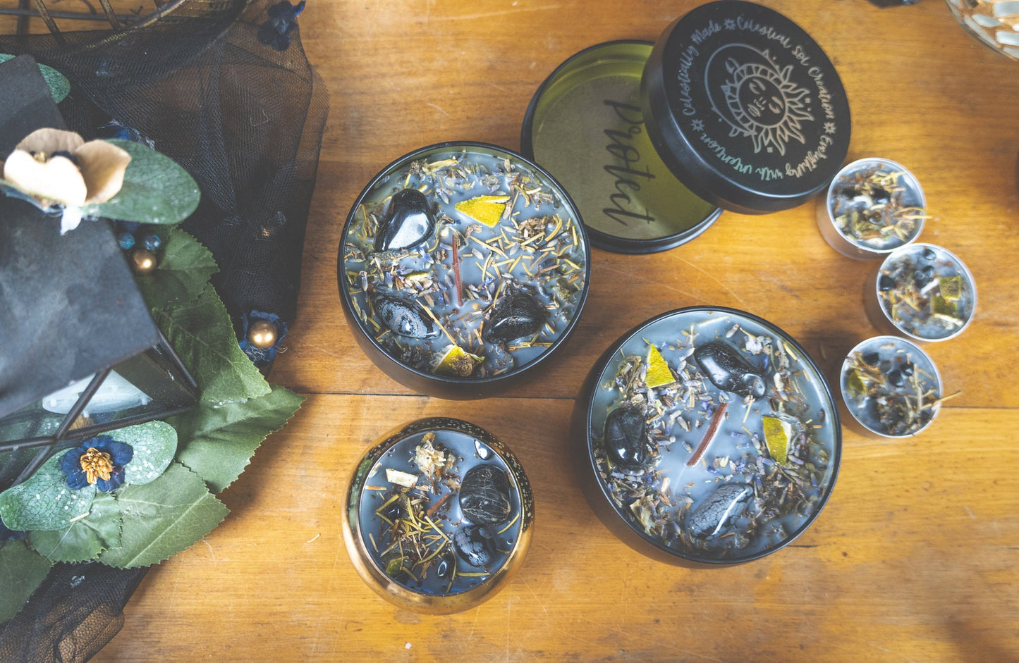 Protection Ritual Candle with Obsidian, Onyx & Tourmaline: Herbal Aromatherapy for Positive Energy