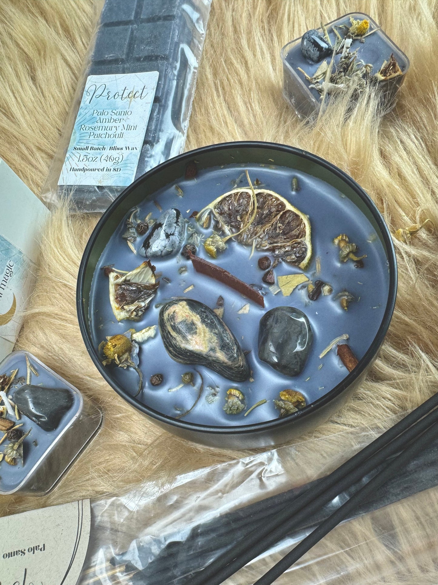 Protection Ritual Candle with Obsidian, Onyx & Tourmaline: Herbal Aromatherapy for Positive Energy