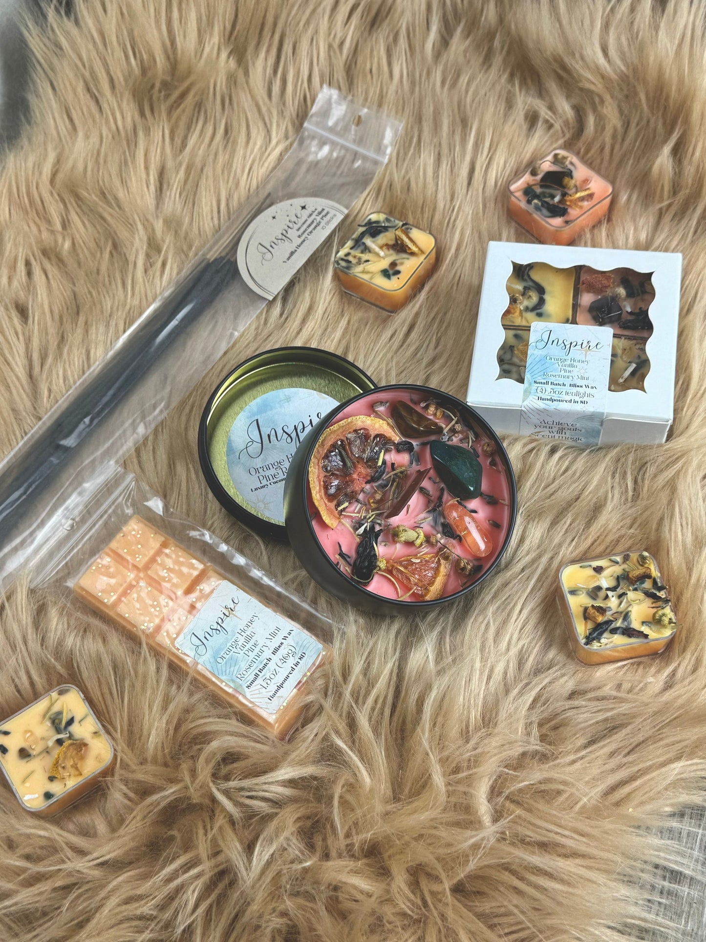 Rosemary Spearmint Orange Intention Candle with Tigers Eye, Citrine & Bloodstone for Manifestation