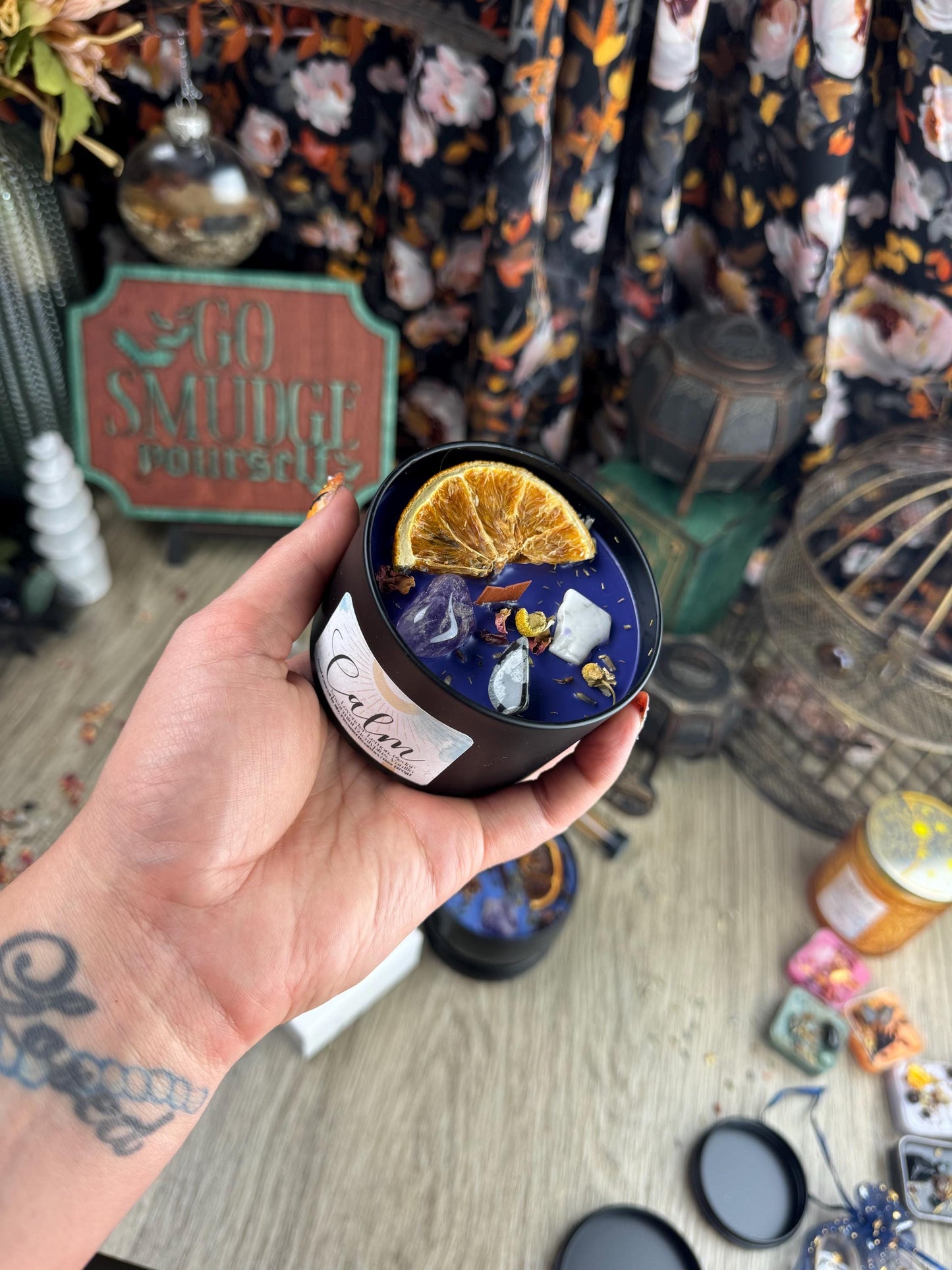 Calm Intention Crystal Candles: Handmade Manifestation Gifts with Herbs for Spiritual Witchy Birthdays