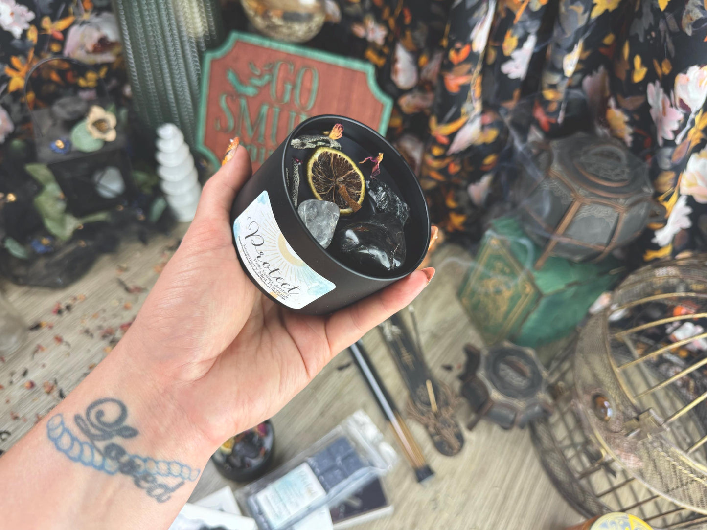 Protection Ritual Candle with Obsidian, Onyx & Tourmaline: Herbal Aromatherapy for Positive Energy