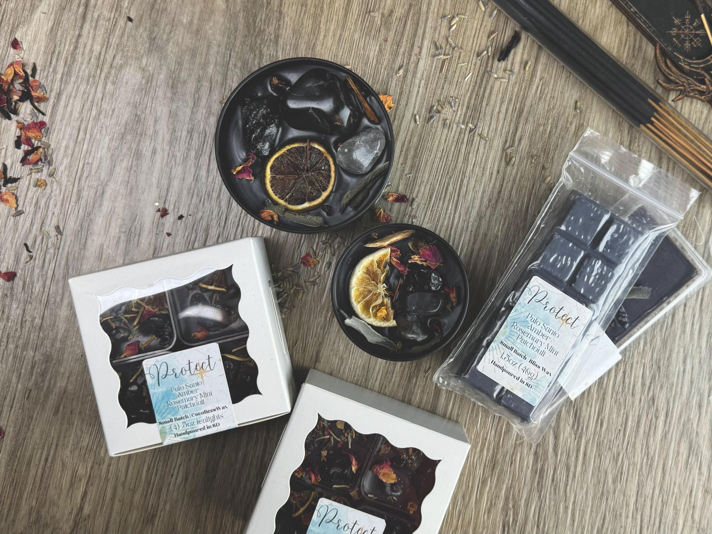 Protection Ritual Candle with Obsidian, Onyx & Tourmaline: Herbal Aromatherapy for Positive Energy