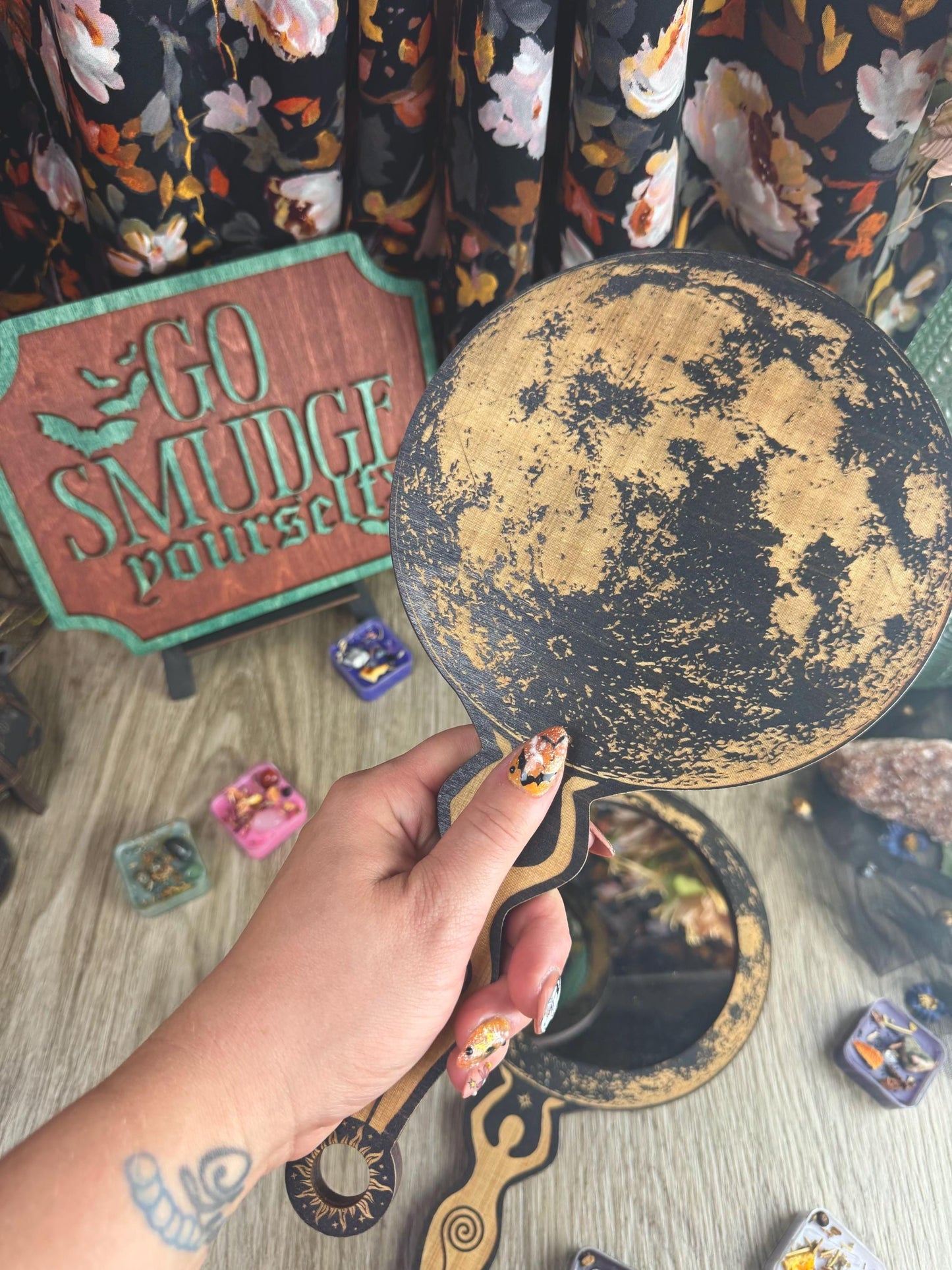 Enchanting Wooden Moon Goddess Hand Mirror with Spiral Handle - Witchy Altar Decor & Tarot Accessory