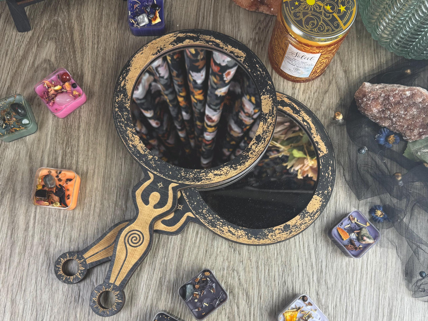 Enchanting Wooden Moon Goddess Hand Mirror with Spiral Handle - Witchy Altar Decor & Tarot Accessory