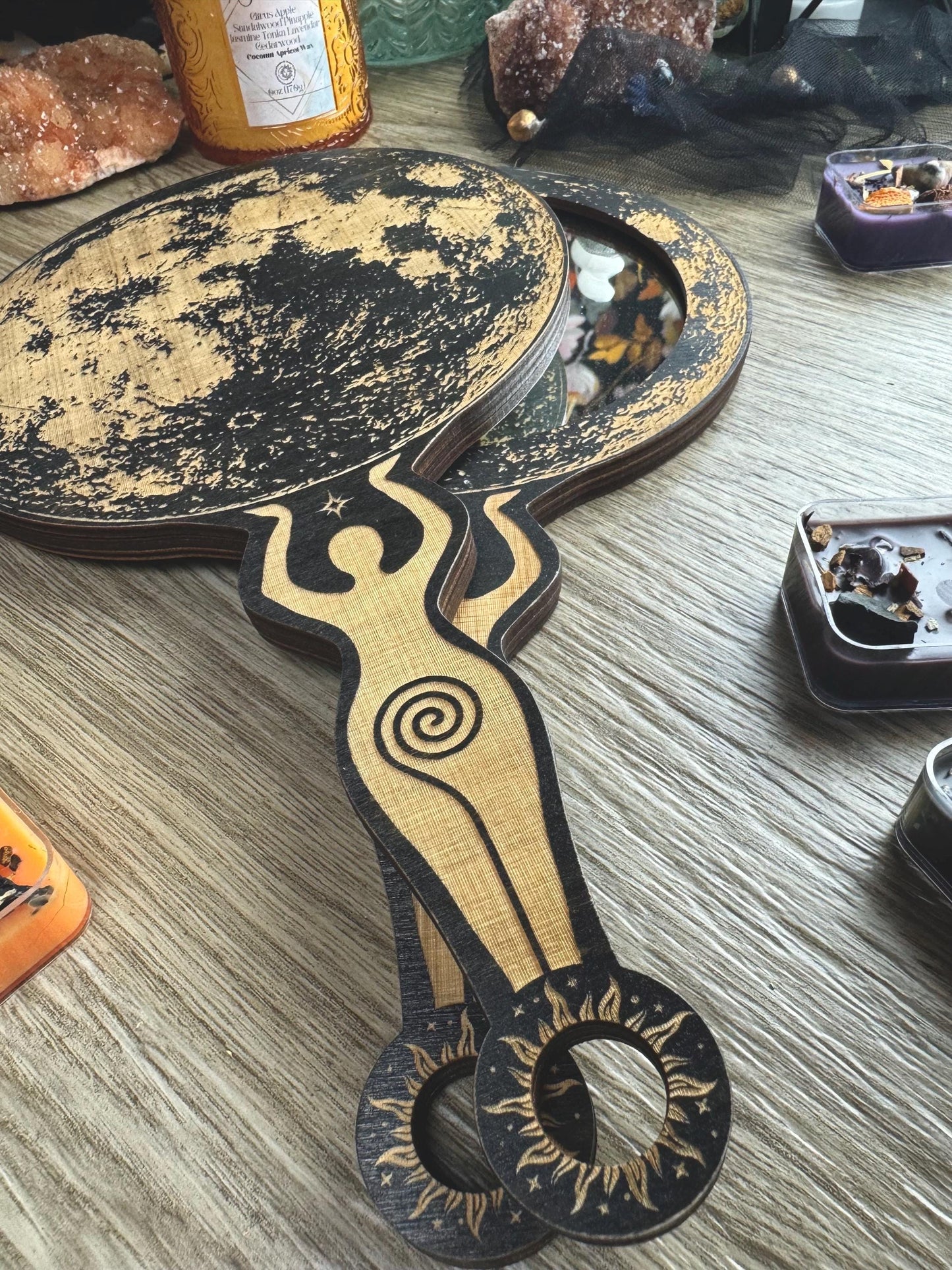 Enchanting Wooden Moon Goddess Hand Mirror with Spiral Handle - Witchy Altar Decor & Tarot Accessory