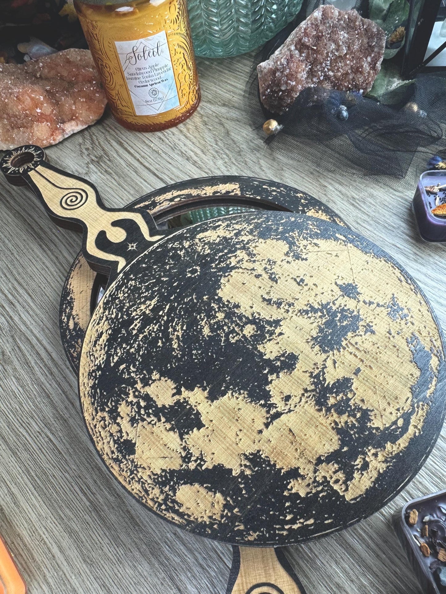 Enchanting Wooden Moon Goddess Hand Mirror with Spiral Handle - Witchy Altar Decor & Tarot Accessory