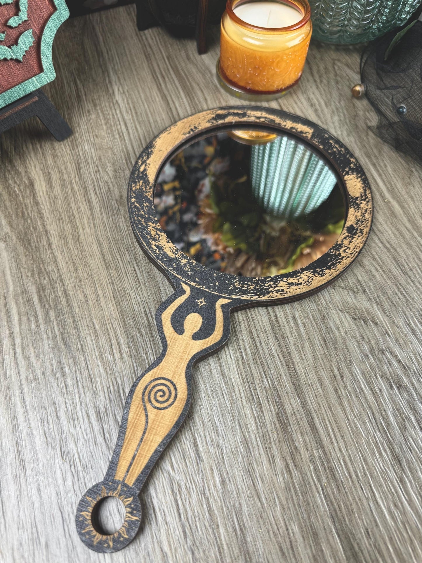 Enchanting Wooden Moon Goddess Hand Mirror with Spiral Handle - Witchy Altar Decor & Tarot Accessory