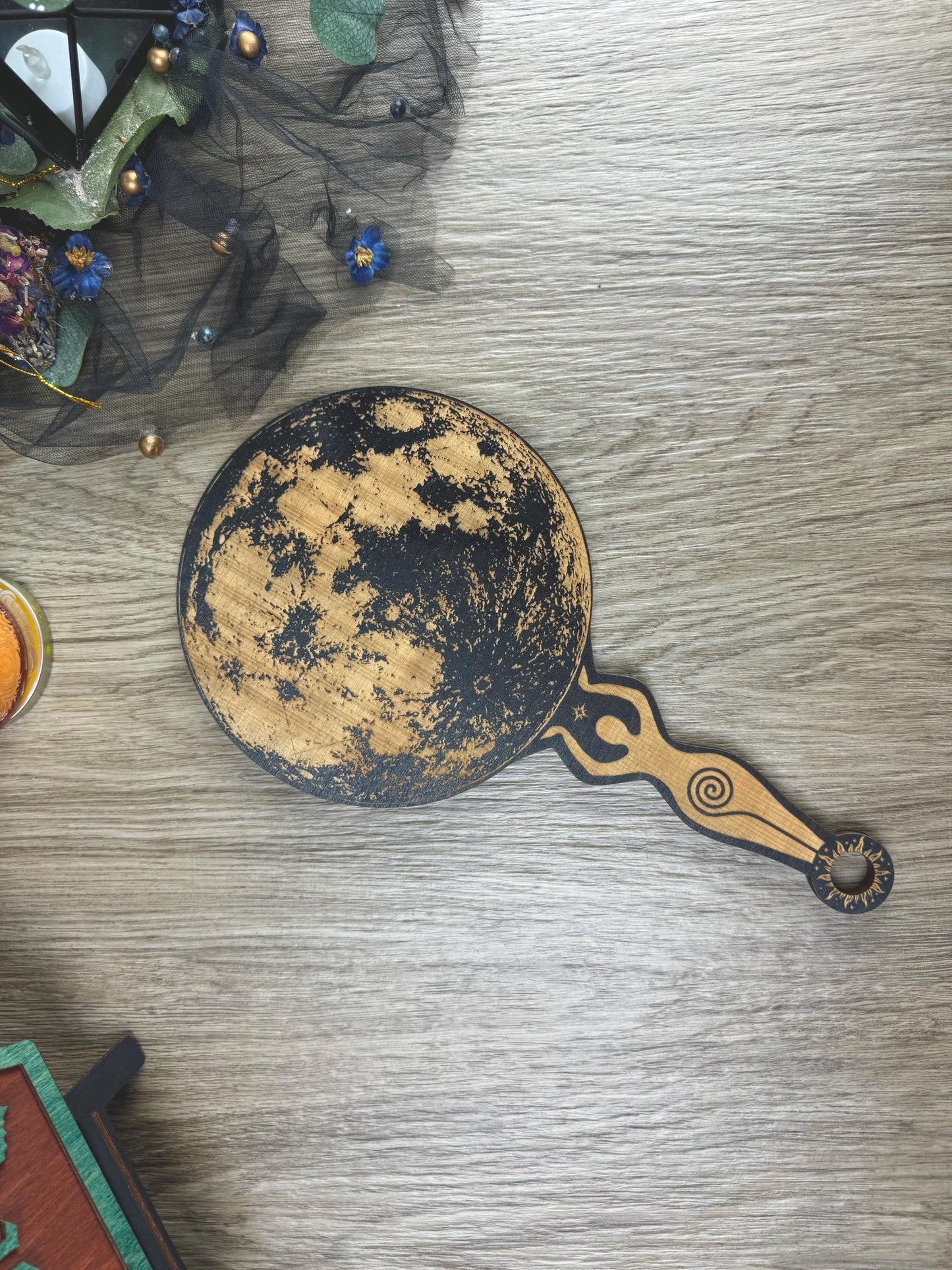 Enchanting Wooden Moon Goddess Hand Mirror with Spiral Handle - Witchy Altar Decor & Tarot Accessory