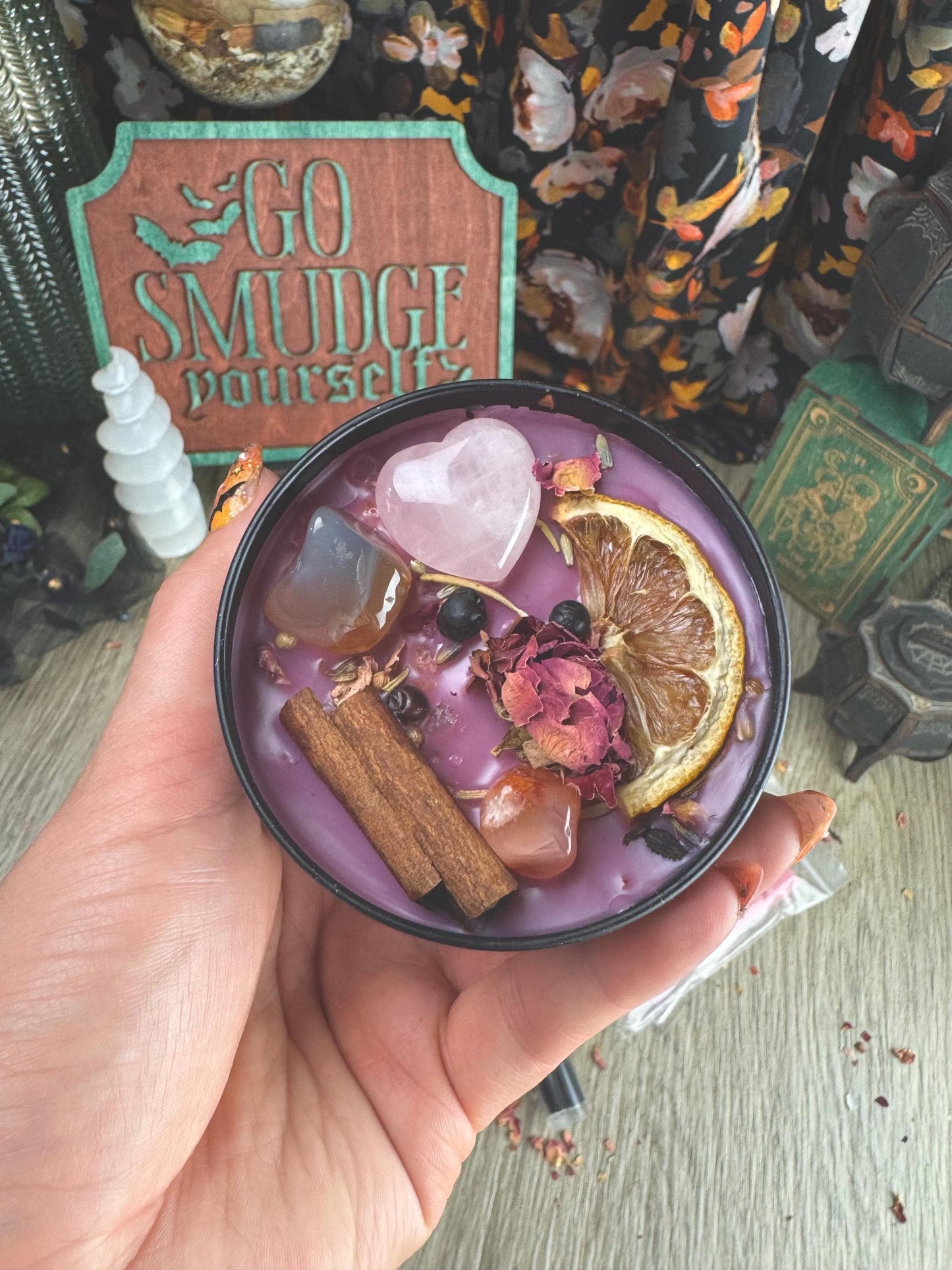 Love Ritual Crystal Candle with Rose Quartz, Lavender, and Sandalwood for Intention Setting & Manifestation