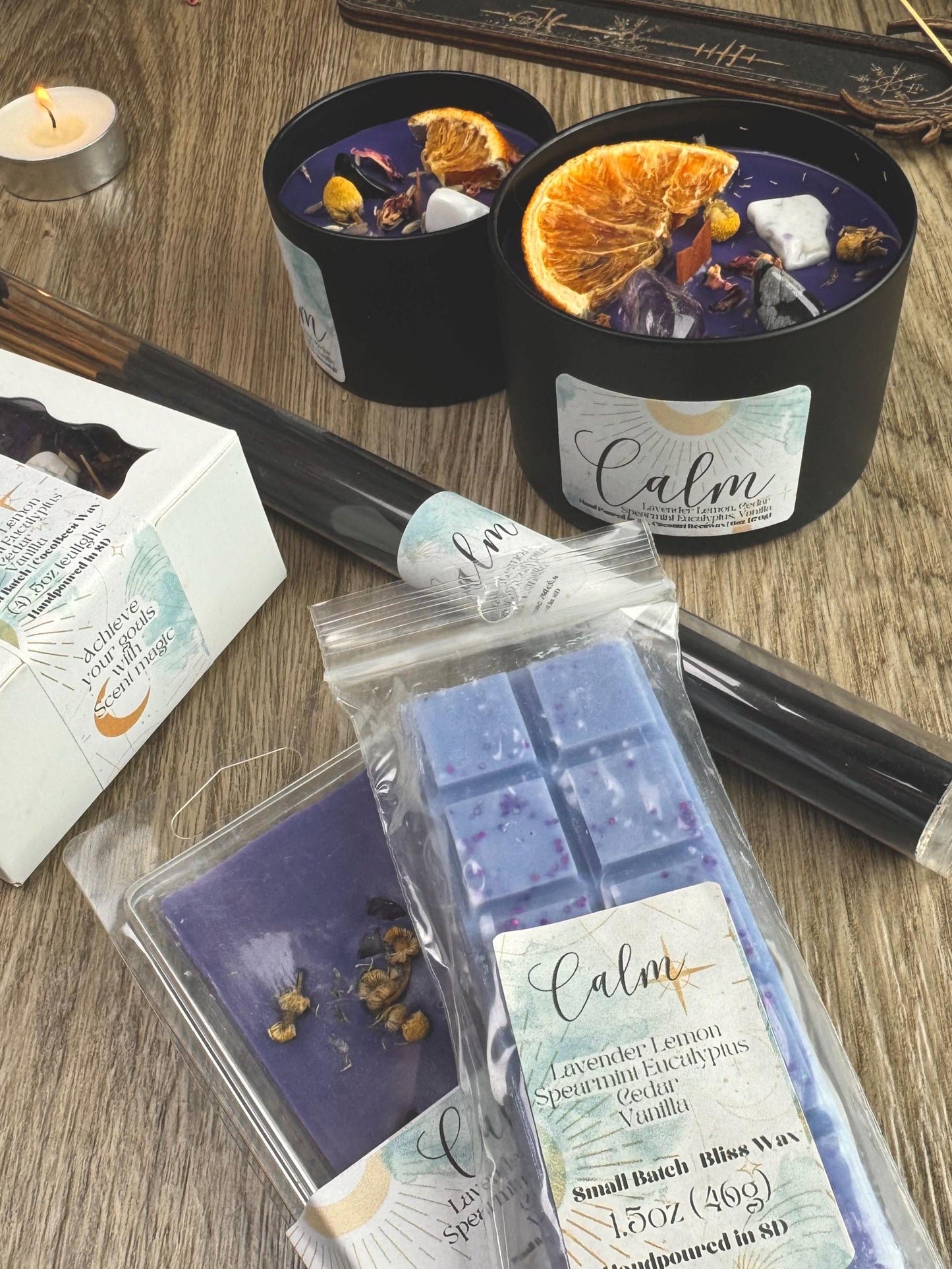 Calm Intention Crystal Candles: Handmade Manifestation Gifts with Herbs for Spiritual Witchy Birthdays