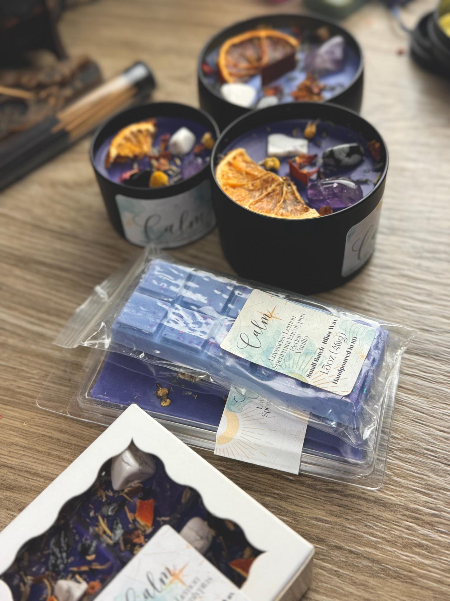 Calm Intention Crystal Candles: Handmade Manifestation Gifts with Herbs for Spiritual Witchy Birthdays