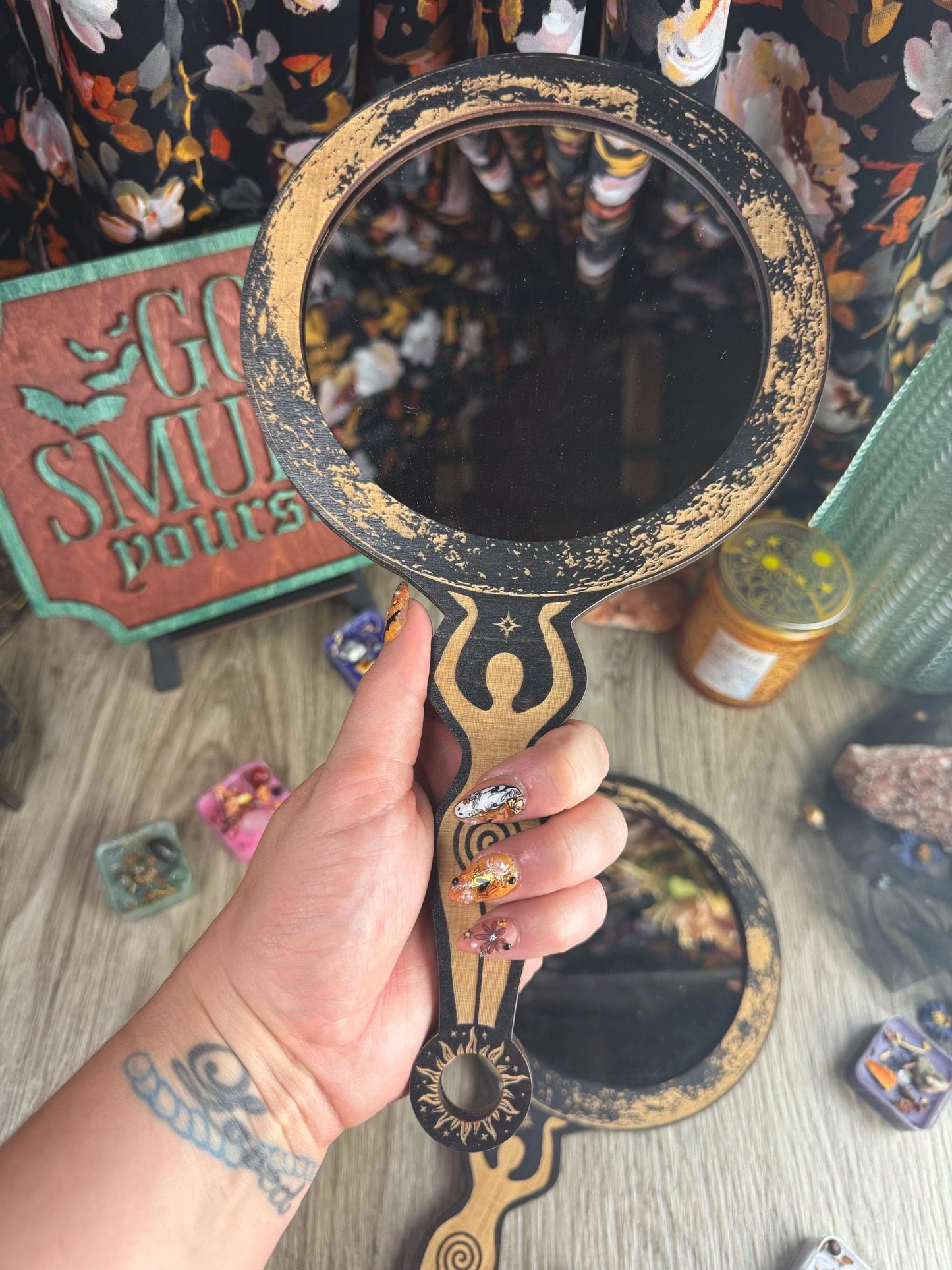 Enchanting Wooden Moon Goddess Hand Mirror with Spiral Handle - Witchy Altar Decor & Tarot Accessory