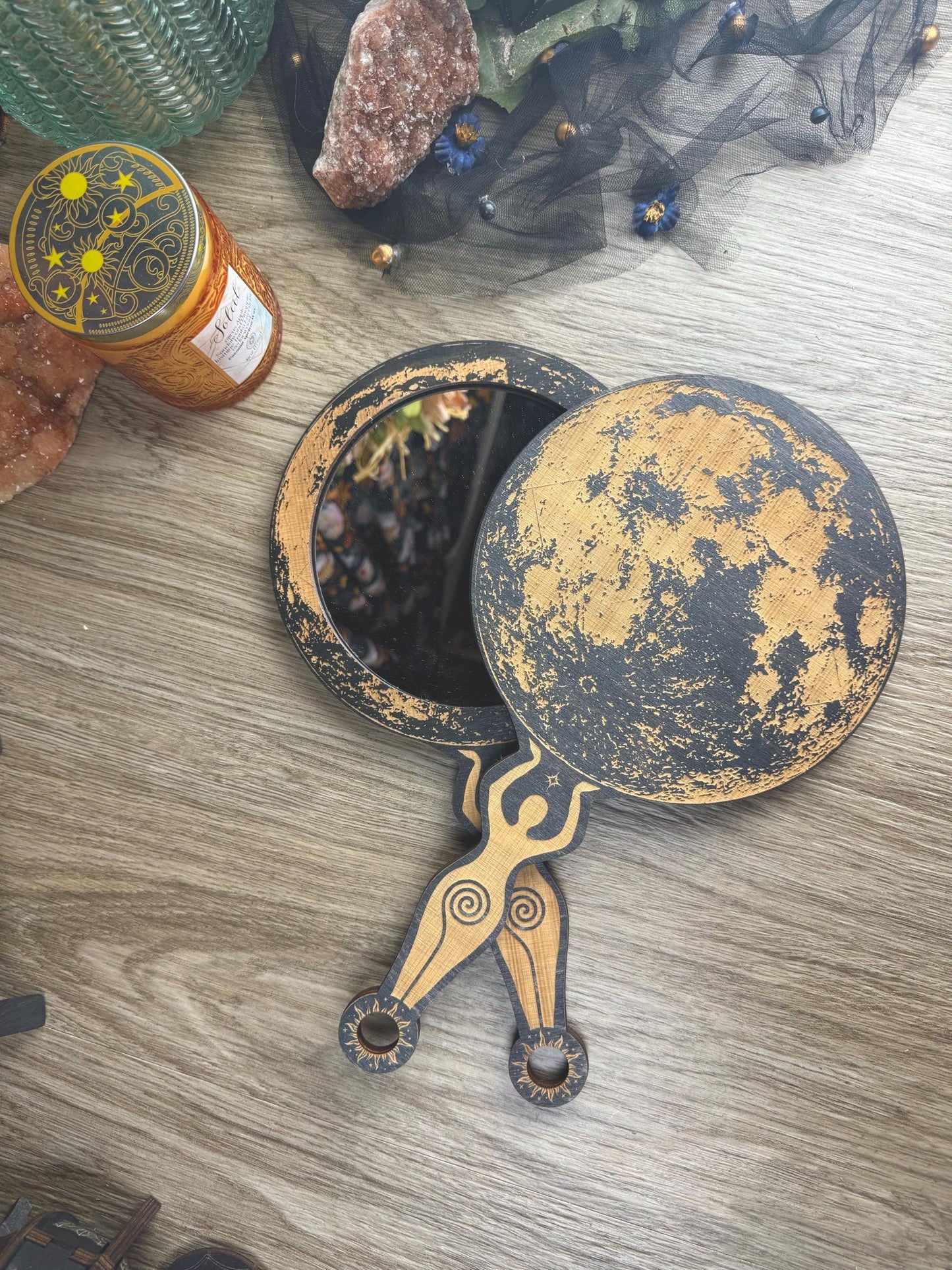 Enchanting Wooden Moon Goddess Hand Mirror with Spiral Handle - Witchy Altar Decor & Tarot Accessory