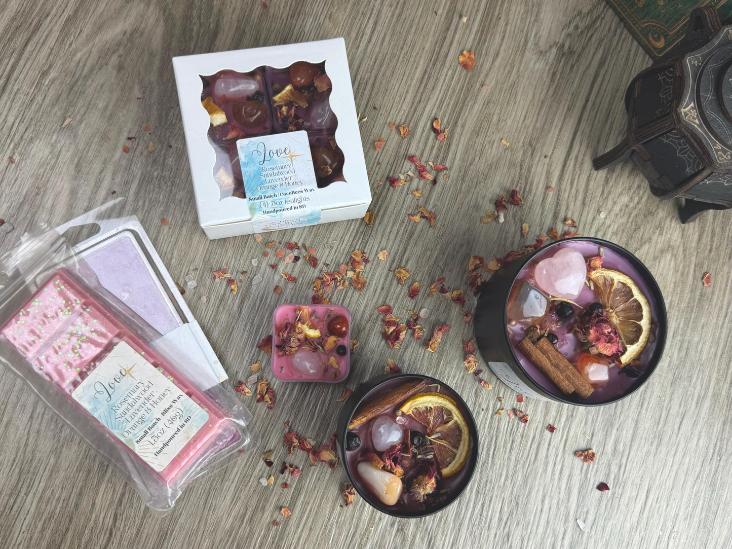 Love Ritual Crystal Candle with Rose Quartz, Lavender, and Sandalwood for Intention Setting & Manifestation