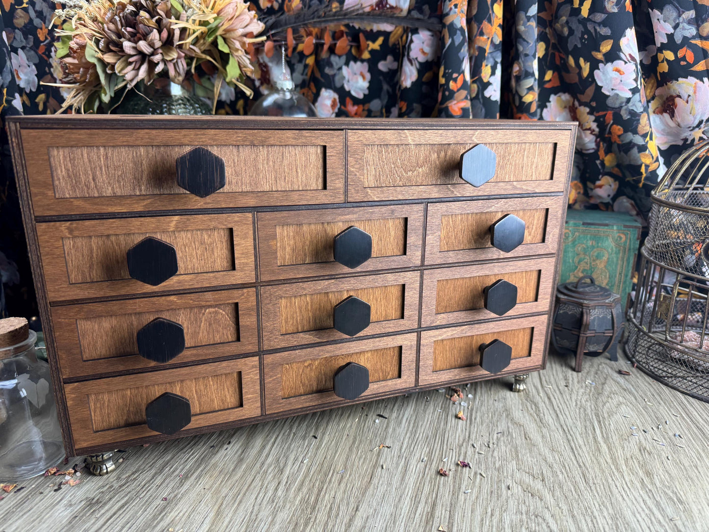 Elegant 11-Drawer Oracle Card Organizer: Metal Hardware, Altar Decor, Tarot Storage Box