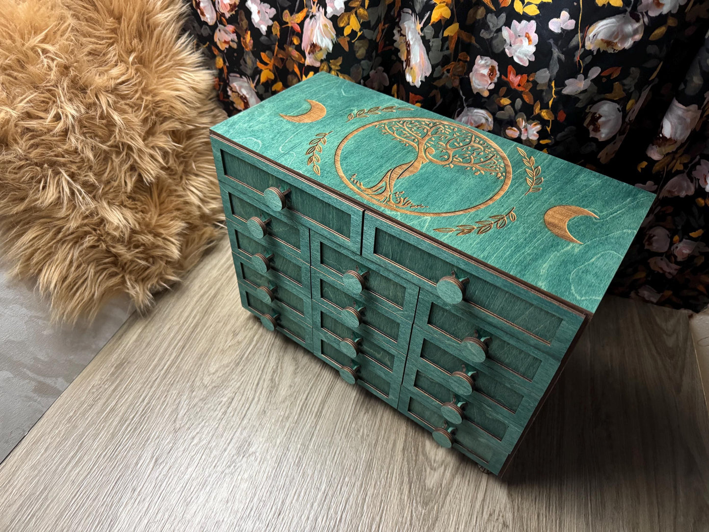 Wooden 14-Drawer Oracle Deck Organizer: Tarot Card Storage Box for Altar Decor and Divination Tools