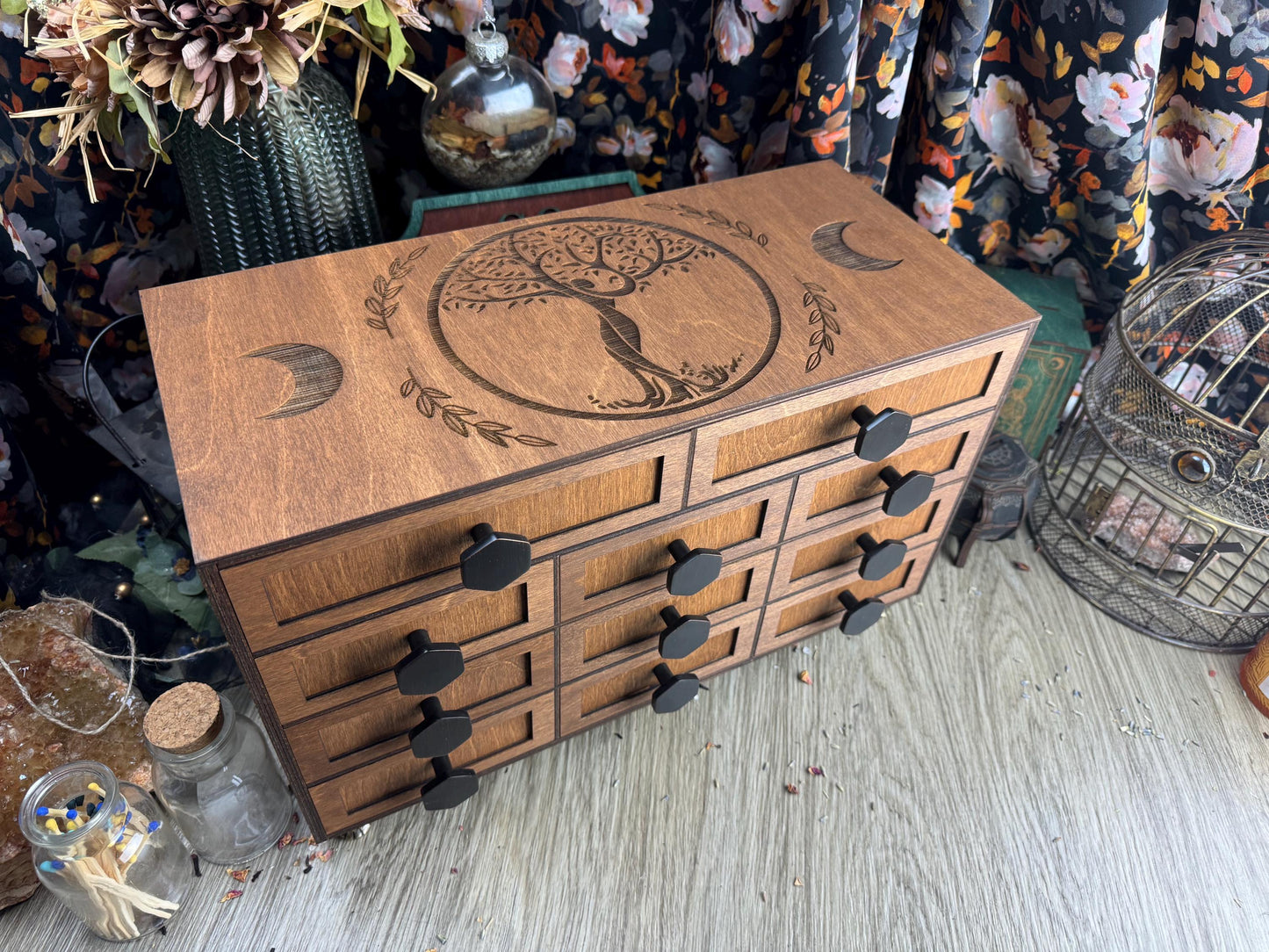Elegant 11-Drawer Oracle Card Organizer: Metal Hardware, Altar Decor, Tarot Storage Box