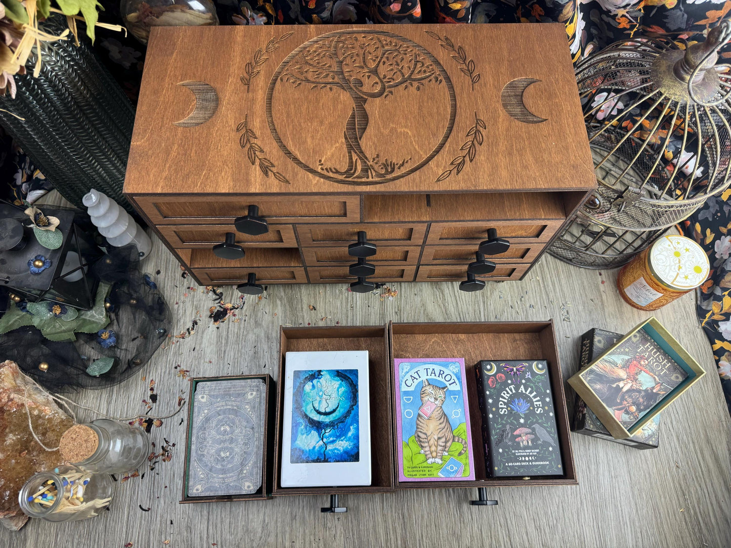 Elegant 11-Drawer Oracle Card Organizer: Metal Hardware, Altar Decor, Tarot Storage Box