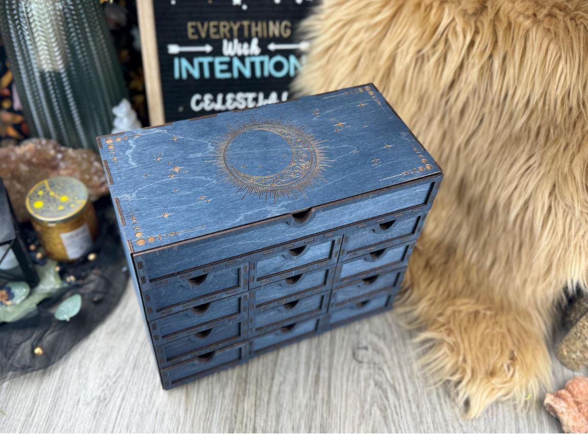 Handcrafted 13-Drawer Tarot Card Organizer: Elegant Storage for Decks, Crystals & Divination Tools