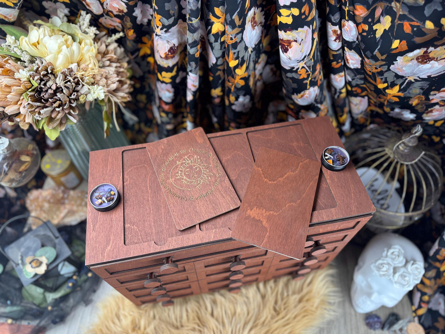 Wooden 14-Drawer Oracle Deck Organizer: Tarot Card Storage Box for Altar Decor and Divination Tools