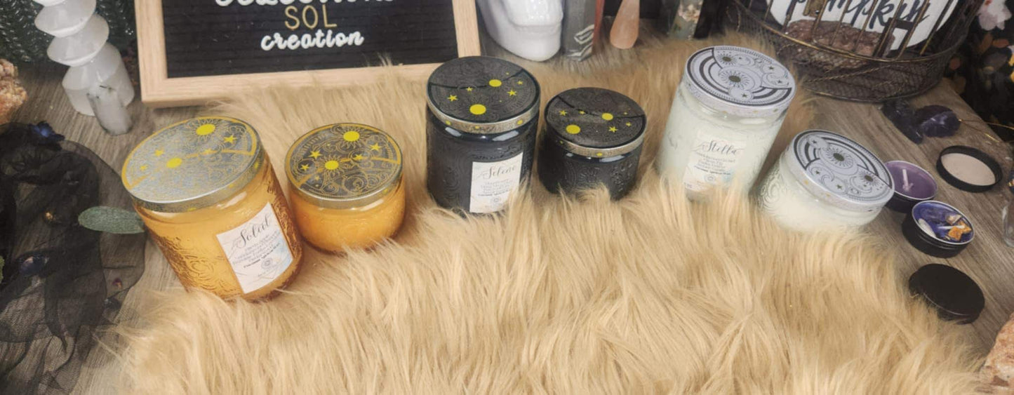 Celestial Intention Candle: Glass Jar for Altar Decor, Ritual Honoring Sun, Moon & Stars (3oz, 6oz)
