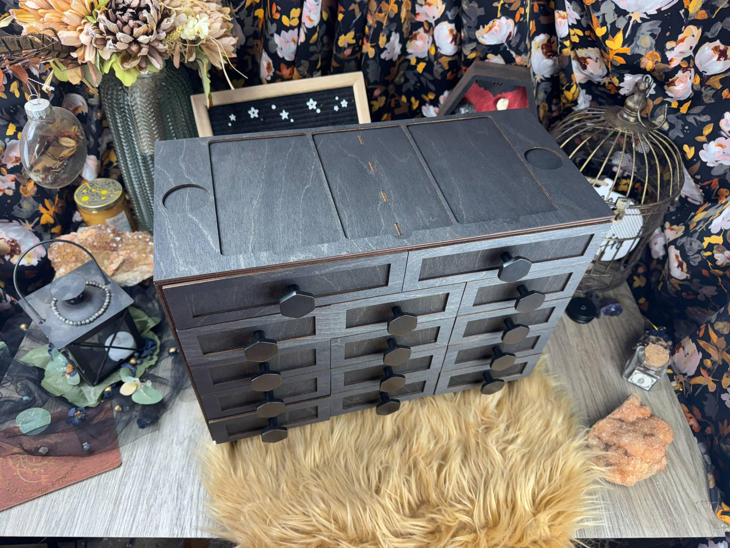 Large Oracle Card Holder, Metal Hardware, 14 Drawer Box, Altar Decor, Organizer, Tarot Deck Organization