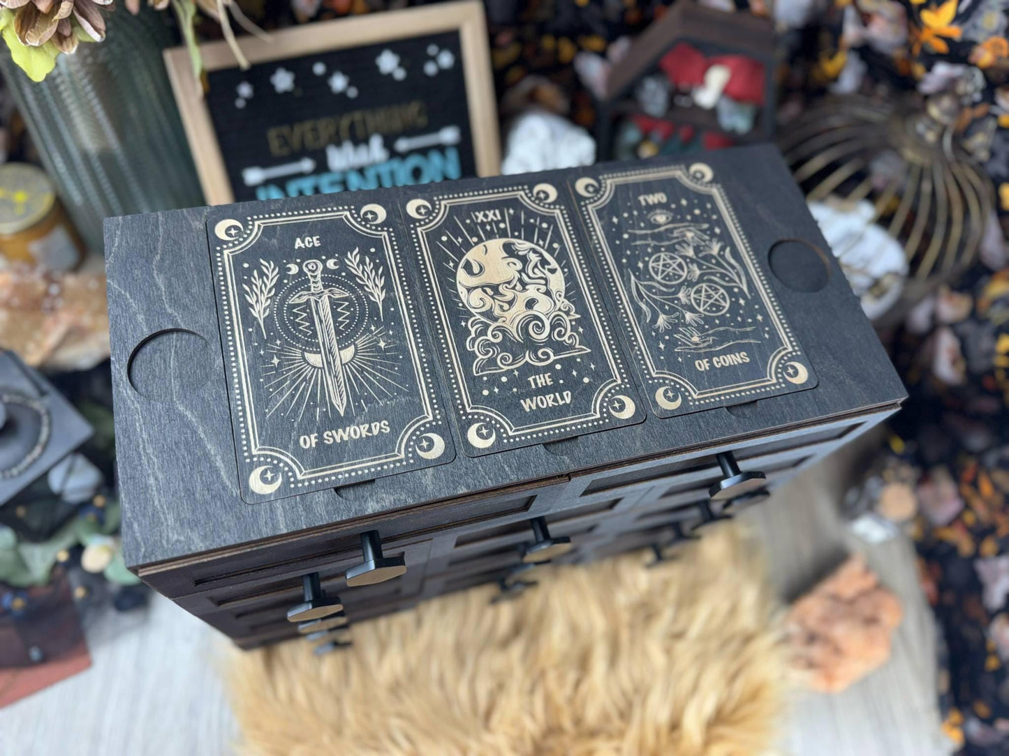 Large Oracle Card Holder, Metal Hardware, 14 Drawer Box, Altar Decor, Organizer, Tarot Deck Organization
