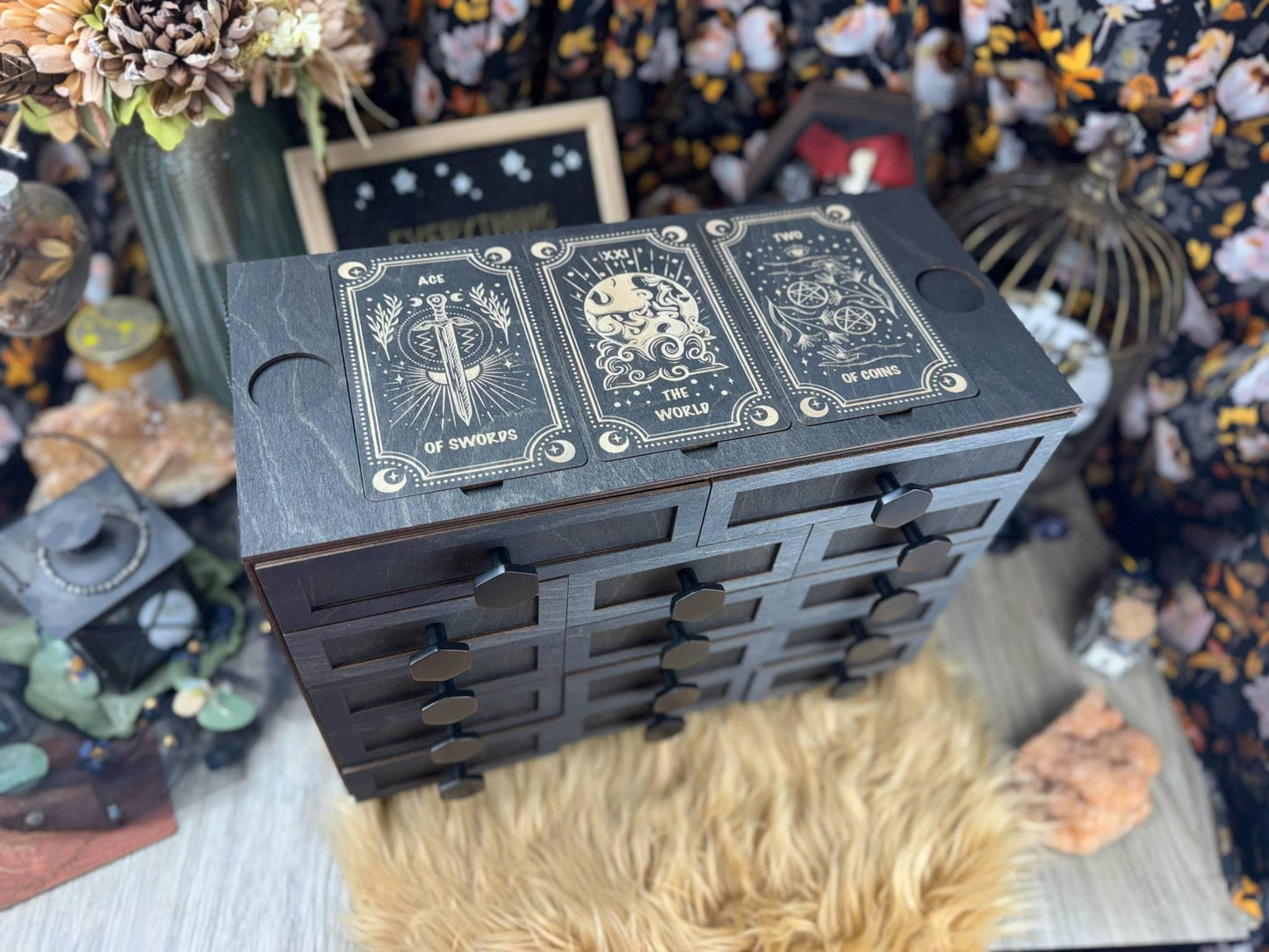 Large Oracle Card Holder, Metal Hardware, 14 Drawer Box, Altar Decor, Organizer, Tarot Deck Organization