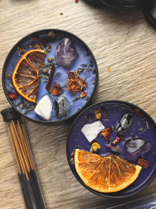 Calm Intention Crystal Candles: Handmade Manifestation Gifts with Herbs for Spiritual Witchy Birthdays