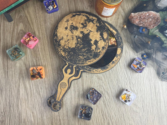 Enchanting Wooden Moon Goddess Hand Mirror with Spiral Handle - Witchy Altar Decor & Tarot Accessory