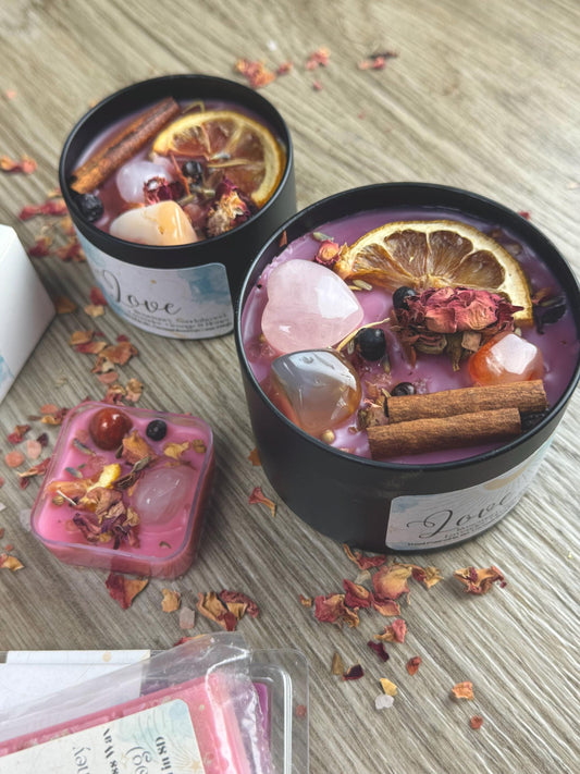 Love Ritual Crystal Candle with Rose Quartz, Lavender, and Sandalwood for Intention Setting & Manifestation