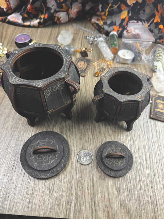 Miniature Wooden Witch's Cauldron with Lid - Mystical Decor for Spellcraft and Halloween