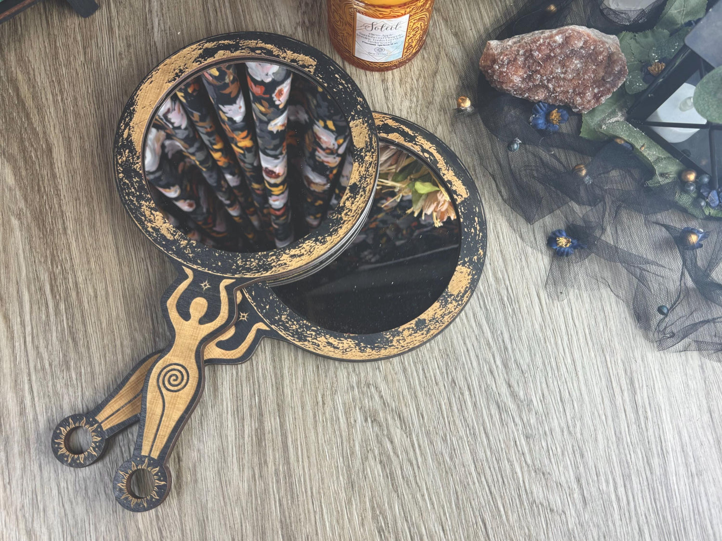 Enchanting Wooden Moon Goddess Hand Mirror with Spiral Handle - Witchy Altar Decor & Tarot Accessory