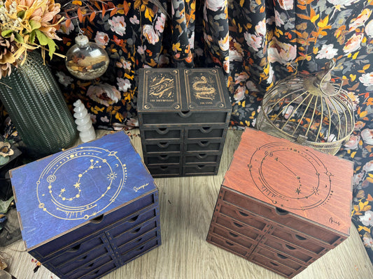 Celestial 9-Drawer Tarot Card Organizer: Constellation Zodiac Box for Decks, Altar Decor & Jewelry