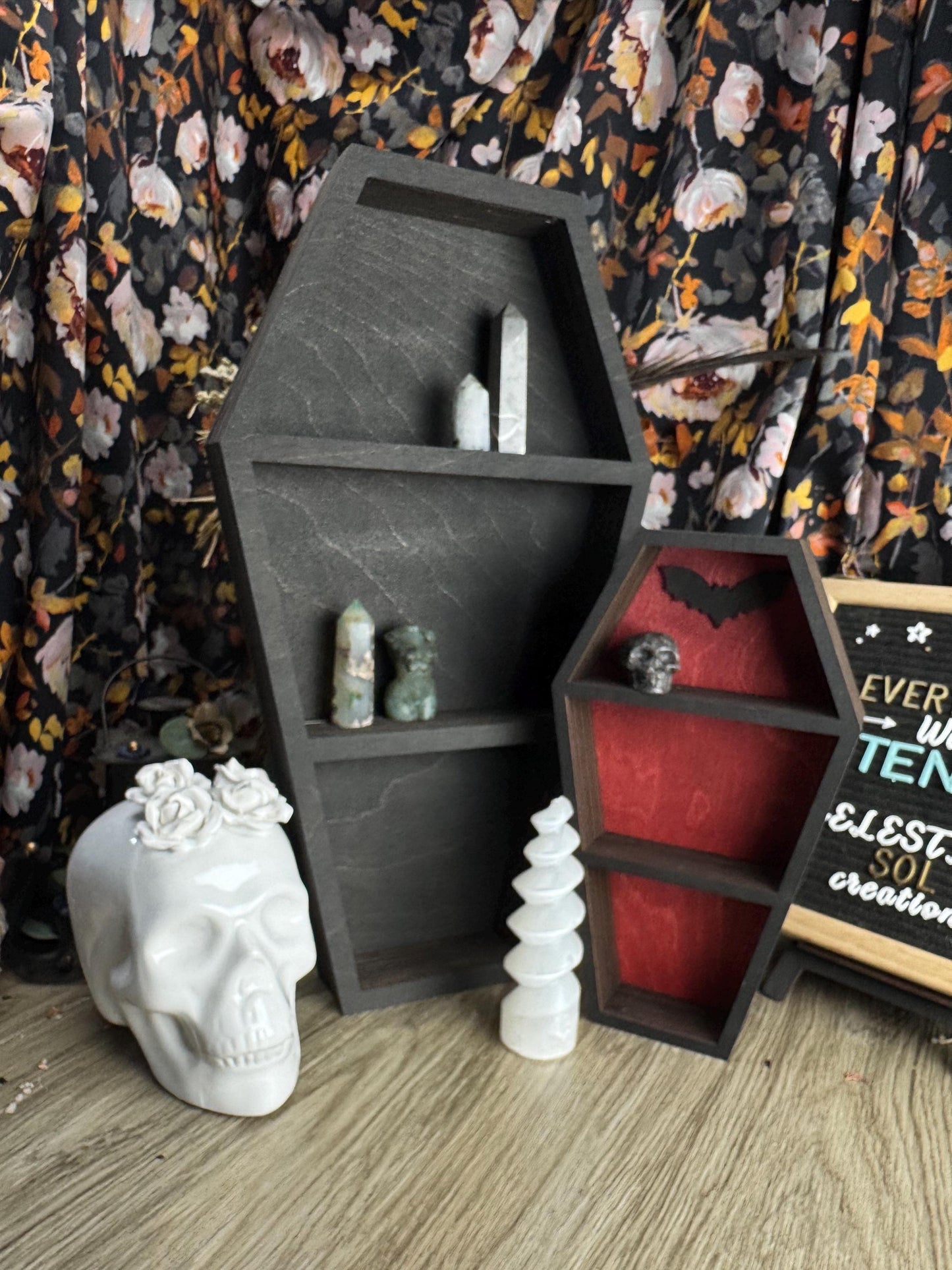 Gothic Coffin Shaped Shelf for Altar Decor, Witchy Crystal Display, Trinket Tray & Wall Art