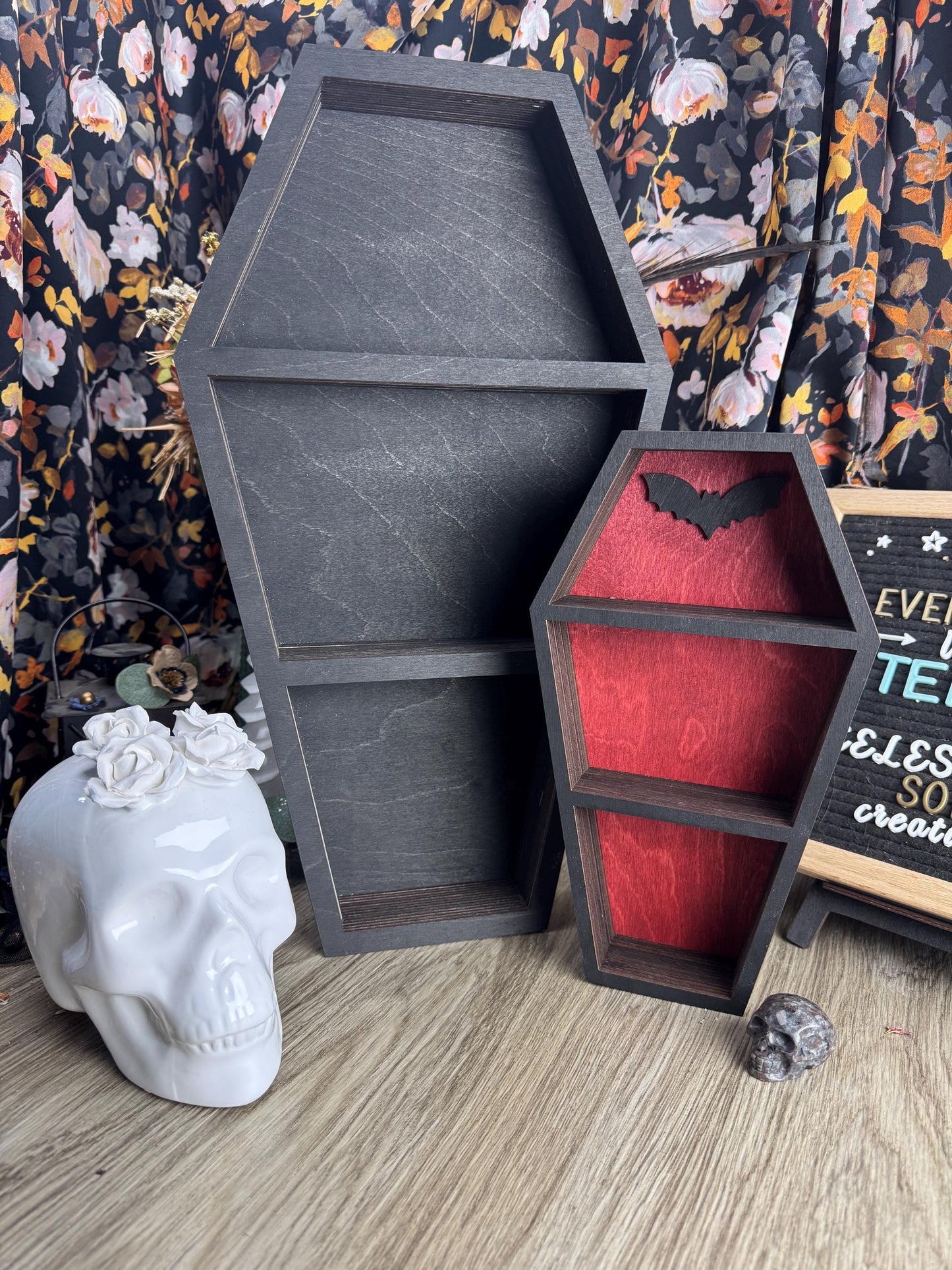 Gothic Coffin Shaped Shelf for Altar Decor, Witchy Crystal Display, Trinket Tray & Wall Art