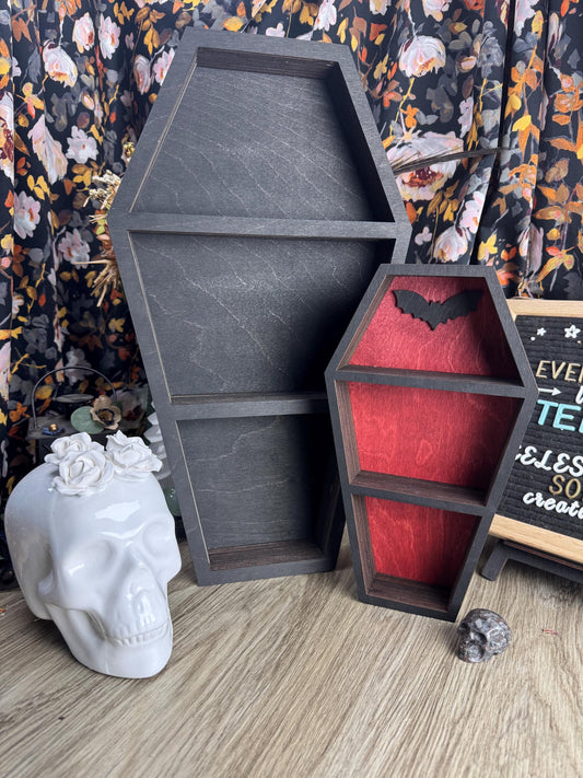 Gothic Coffin Shaped Shelf for Altar Decor, Witchy Crystal Display, Trinket Tray & Wall Art