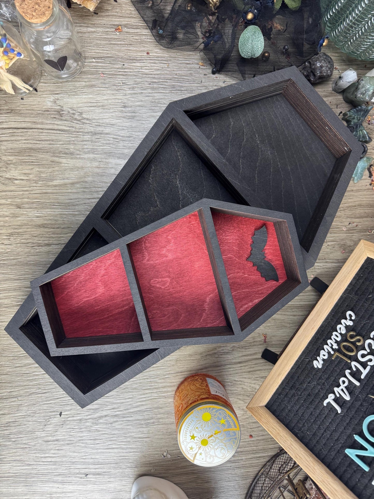 Gothic Coffin Shaped Shelf for Altar Decor, Witchy Crystal Display, Trinket Tray & Wall Art