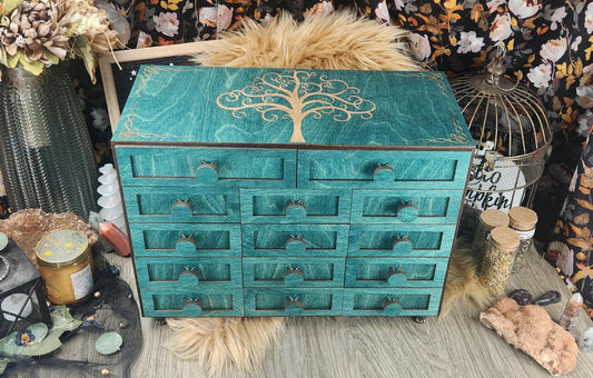 Wooden 14-Drawer Oracle Deck Organizer: Tarot Card Storage Box for Altar Decor and Divination Tools