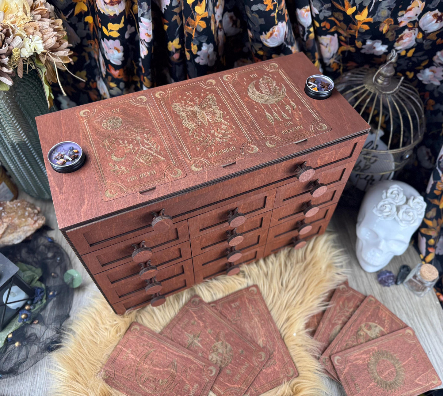 Wooden 14-Drawer Oracle Deck Organizer: Tarot Card Storage Box for Altar Decor and Divination Tools