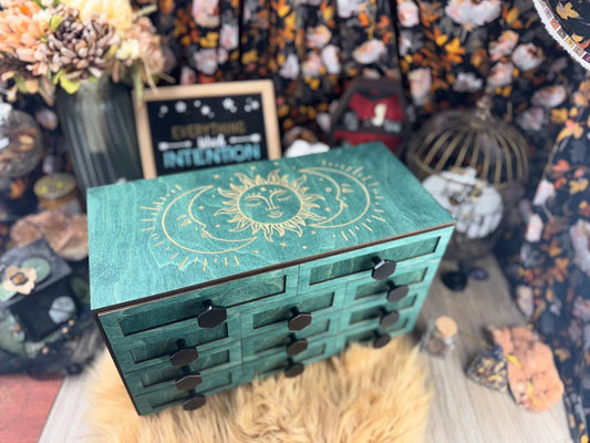 Elegant 11-Drawer Oracle Card Organizer: Metal Hardware, Altar Decor, Tarot Storage Box