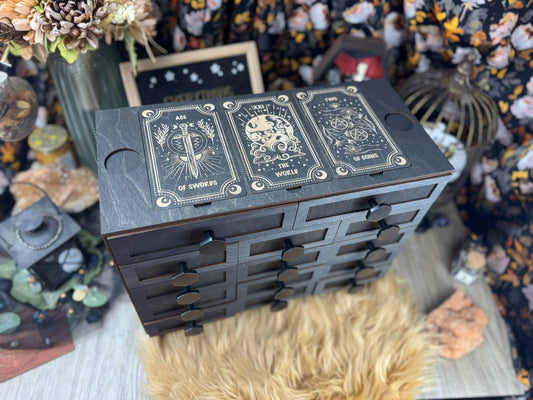 Large Oracle Card Holder, Metal Hardware, 14 Drawer Box, Altar Decor, Organizer, Tarot Deck Organization